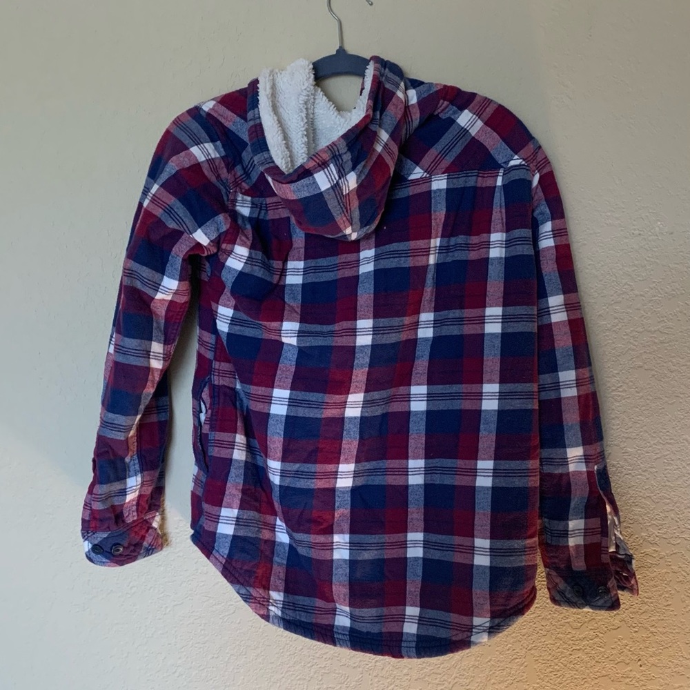 Boston Traders Womens Plaid Flannel Sherpa Lined Shacket Shirt Hoodie Red Sz M